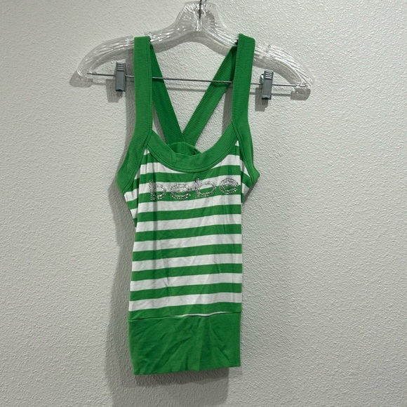 Bebe Green and White Studded Logo Rib Knit Top sz Medium - Picture 1 of 8